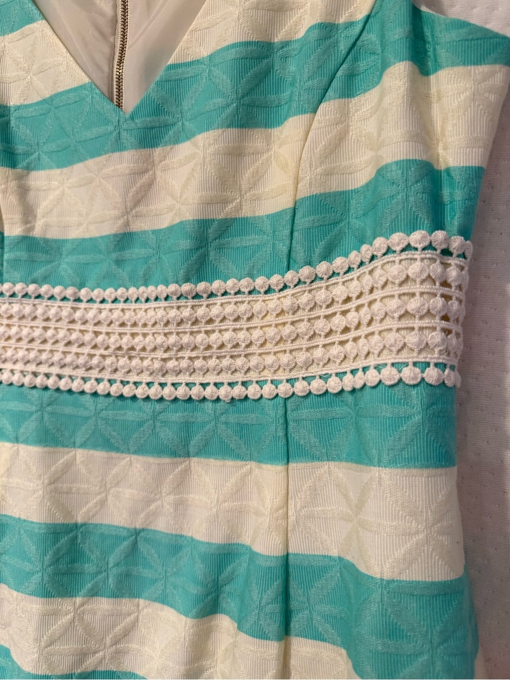 Sleeveless Striped V-neck Sheath Dress with lace in Aqua and White size 4 - Picture 3 of 6